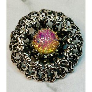 Vintage Filigree Oxidated Brooch Iridescent Glass Cabochon -214